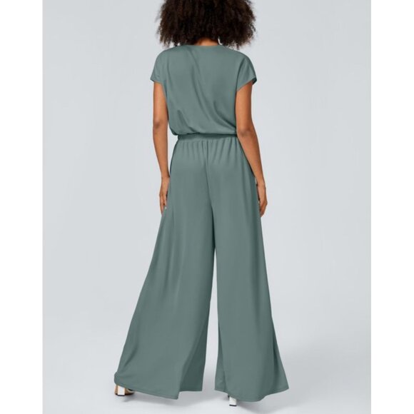 Halara V Neck Short Sleeve Side Pocket Wide Leg Waffle Casual Jumpsuit Sz Large - Picture 2 of 13